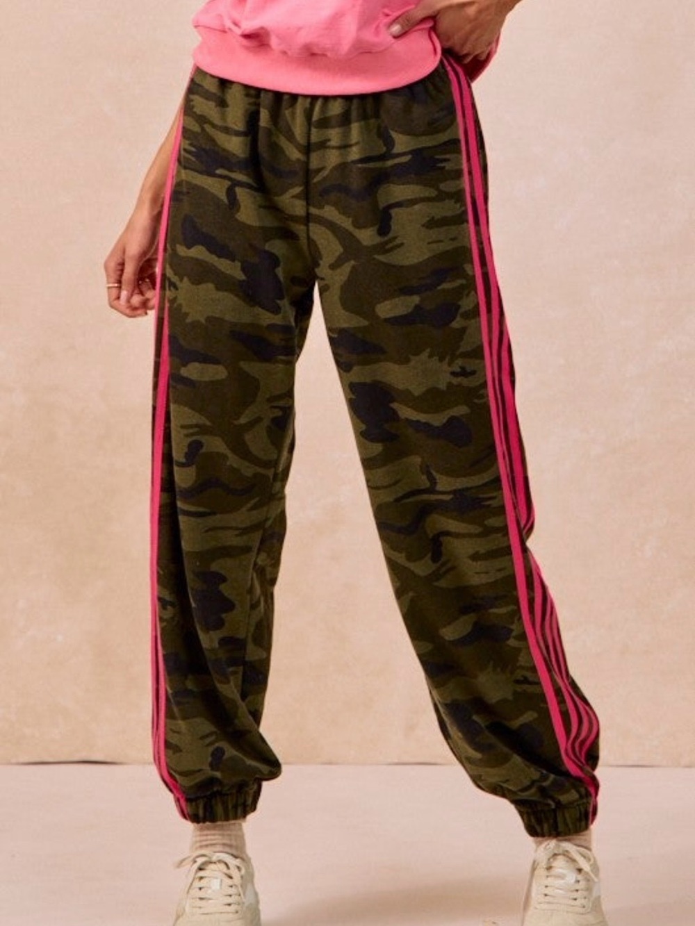 NWT BiBi Olive Green Camo Joggers with Hot Pink Side Stripes, Size XL